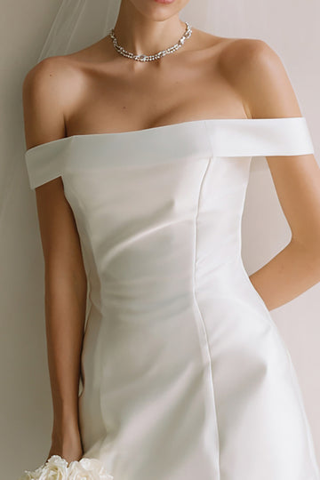 Off the Shoulder A Line White Satin Engagement Dress